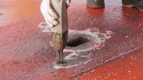 Process of derusting, paint and rust removal by pneumatic chisel from ship deck  Stock Footage 127164479