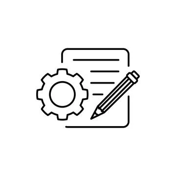 Process description icon. A gear, a piece of paper and a pencil. Linear vec.. Illustrazione stock