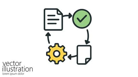 Process diagram icon shows workflow. Document, gear, checkmark represented Stock-Illustration