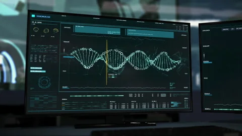 Process of a DNA strand molecular analysis displayed on computer screens. UI Stock Footage 269019606
