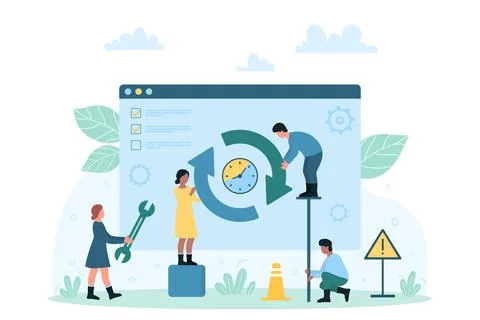 Process of downloading new software version, tiny people update operation system Illustration