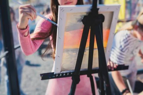 Process of drawing, group class of talented students with painting easels a.. Stock-Fotos