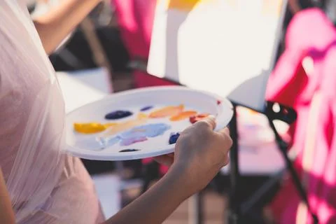 Process of drawing, group class of talented students with painting easels a.. Stock Photos