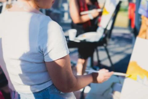 Process of drawing, group class of talented students with painting easels a.. Stock Photos