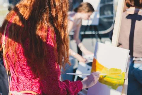 Process of drawing, group class of talented students with painting easels a.. Stock Photos