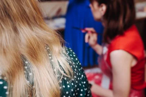 Process of drawing, group class of talented female students with painting e.. Фото