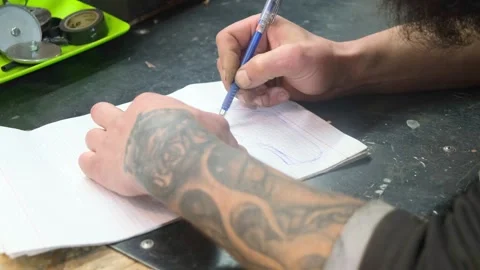 Process of drawing motorcycle helmet sketch. Tattooed bearded biker hands with Stock Footage 274667277