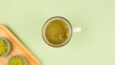 Process of drinking matcha tea from cup, stop motion animation, top view Vídeo Stock 126719989