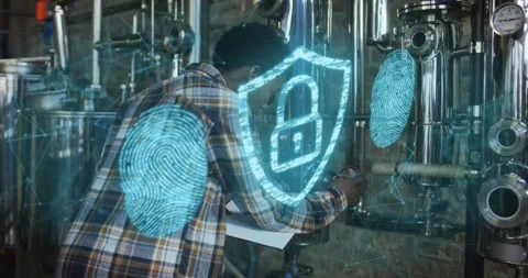 Process engineer checking valve in processing bay, scanning fingerprint hologram Stock Footage 327524868