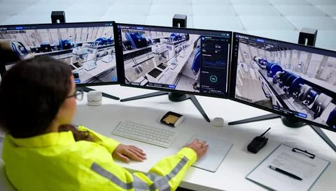 Process Engineer Monitors Digital SCADA System Closely For Plant Safety. Stock Photos