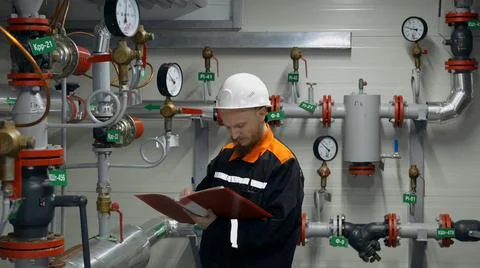 A process engineer in a white helmet works in a liquid pumping shop, checks the Foto stock