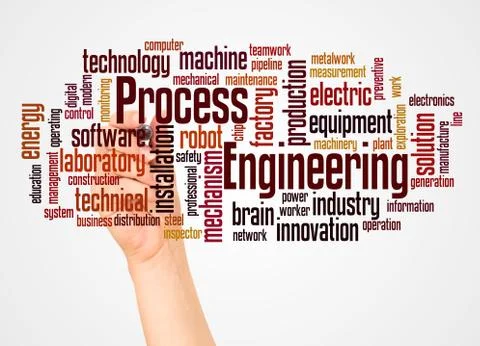 Process engineering word cloud and hand with marker concept Stock Photos