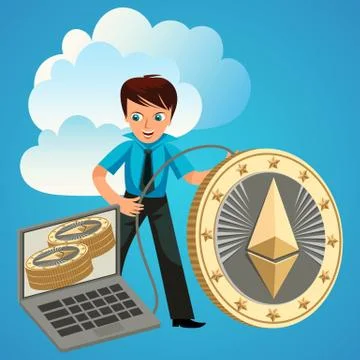 Process of Ethereum cryptocoins mining flat poster Stock Illustration