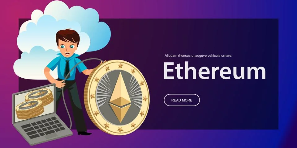 Process of Ethereum cryptocoins mining flat poster Stock Illustration