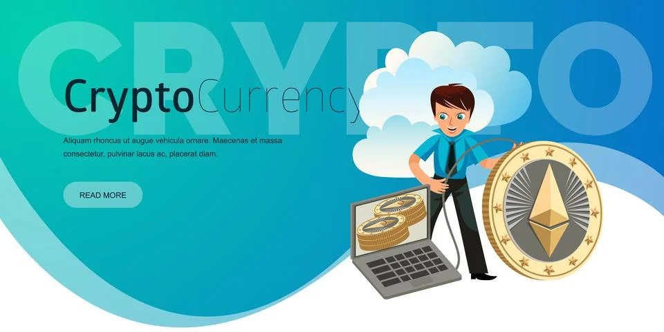 Process of Ethereum cryptocoins mining flat poster Stock Illustration