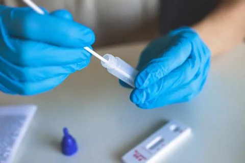 Process of express fast coronavirus covid Antigen AG PCR testing examination  Foto stock