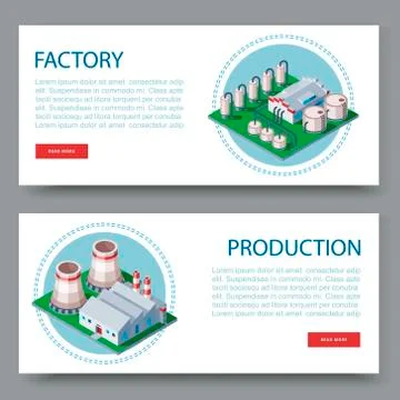 Process factory. Technology plant set of two flat vector banners. Manufacturing Stock Illustration