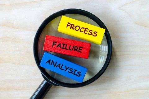 Process Failure Analysis text on colored wooden blocks with magnifying glas.. 스톡 사진