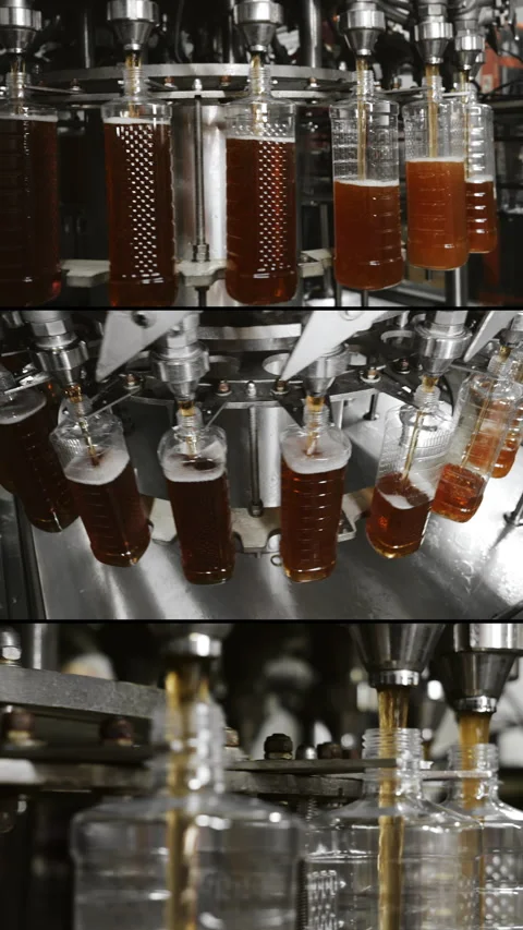 The process of filling plastic bottles. Beverage production plant. Stock Footage 314342447