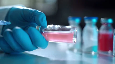 Process of filling syringe with light red solution from transparent vial, close Stock-Footage 150024699
