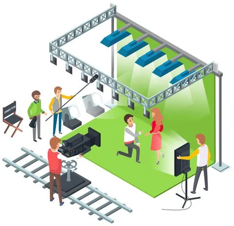Process of filming in pavilion with actors and staff. People play role, work Illustrazione stock