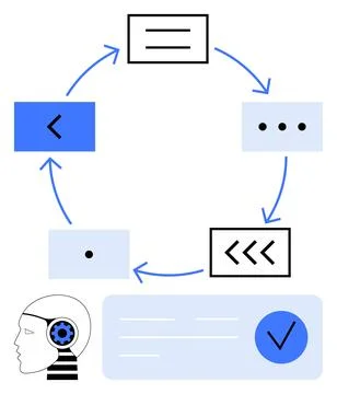 Process Flow Diagram with Arrows Connecting Text Boxes and Head with Gears .. Stock Illustration