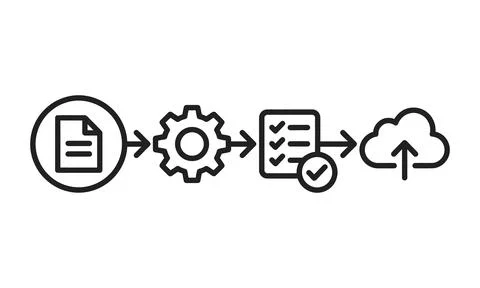 Process flow icon set representing document processing, automation, validat.. イラスト素材