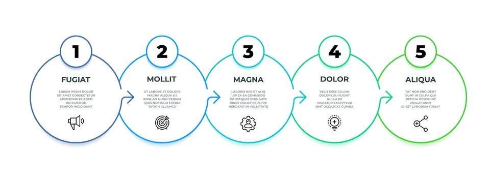 Process flow infographic. 5 steps graphic diagram, circle line business Stock Illustration