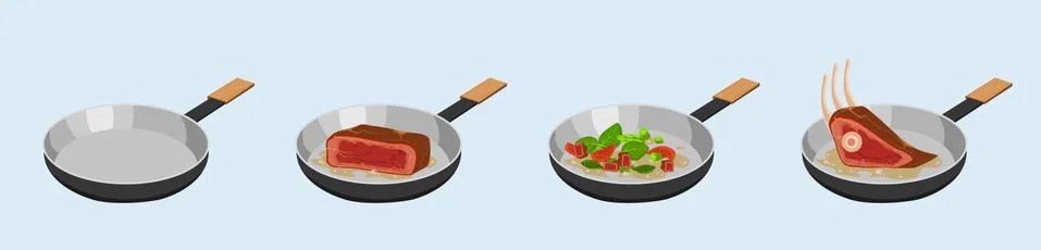 Process of frying meat and vegetables in skillet. Stir fried brown beefsteak and Stock Illustration