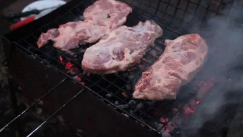 The process of frying meat on the grill in the evening Video stock 76441240