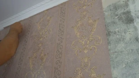 The process of gluing Wallpaper on the wall,the hand of the worker to smooth the Stock Footage 79598134
