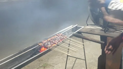 The process of grilling chicken satay Stock Footage 323364855