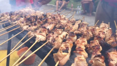 The process of grilling chicken satay over coals of wood 库存影片 243437707