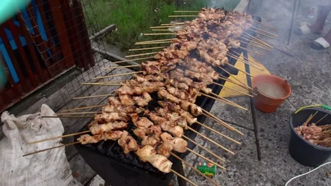 The process of grilling chicken satay over coals made of wood and coconut s.. Stock Footage 243573245
