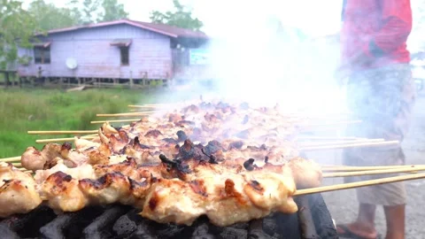 The process of grilling chicken satay over coals made of wood and coconut s.. Stock Footage 243573290