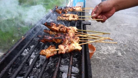 The process of grilling chicken satay over coals made of wood and coconut s.. Stock Footage 243573407