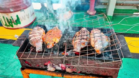 The process of grilling fish over hot coals. 4K Video stock 287688189