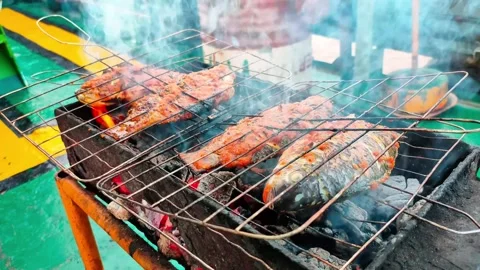 The process of grilling fish over hot coals. 4K Stock Footage 287688208