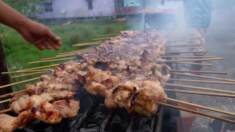 The process of grilling fresh chicken satay with natural fire Stock Footage 243437015