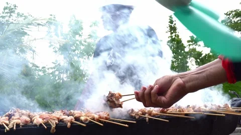 The process of grilling fresh chicken satay with natural fire Stock Footage 243437201