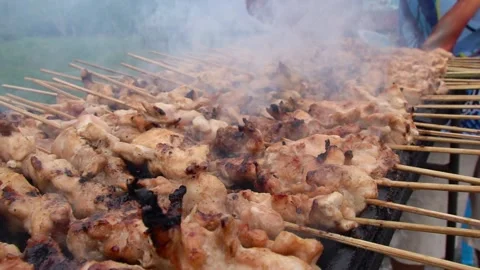 The process of grilling fresh chicken satay with natural fire Stock Footage 243437640