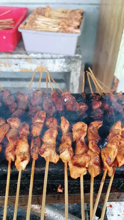 The process of grilling satay Video stock 332185802