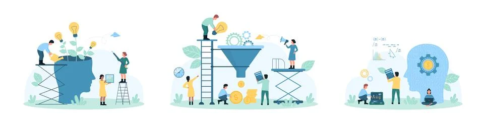 Process of growth and cooperation set, tiny people work on money and idea Stock Illustration
