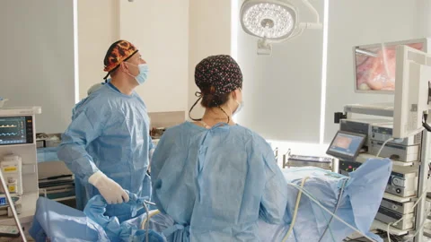 Process of gynecological surgery operation using laparoscopic equipment. Group Stock Footage 173116157