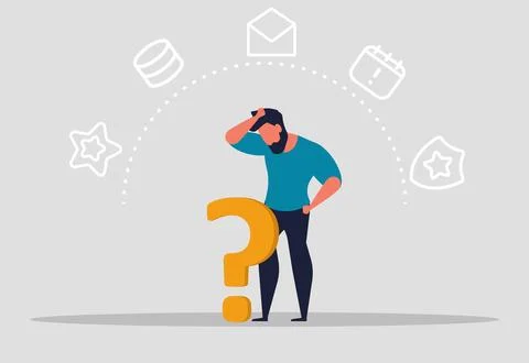 The process of human thinking. A man thinks and solves problems. Strategic .. 스톡 일러스트