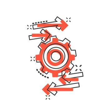 Process icon in comic style. Arrow and gear cartoon vector illustration on wh Illustrazione stock