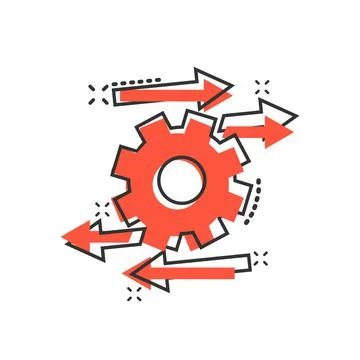 Process icon in comic style. Arrow and gear cartoon vector illustration on wh 스톡 일러스트