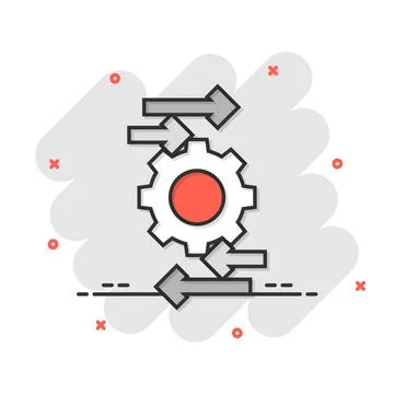 Process icon in comic style. Arrow and gear cartoon vector illustration on wh Illustrazione stock