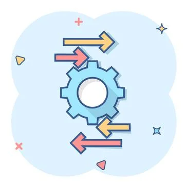 Process icon in comic style. Arrow and gear cartoon vector illustration on wh Illustrazione stock
