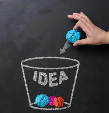 Process of idea rejection and creative improvement, hand throwing crumpled .. 스톡 사진
